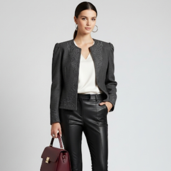 Escada Gray Wool Flannel Jacket w/ Embroidery Detail Open Front Size 8 / 38 - Picture 5 of 15